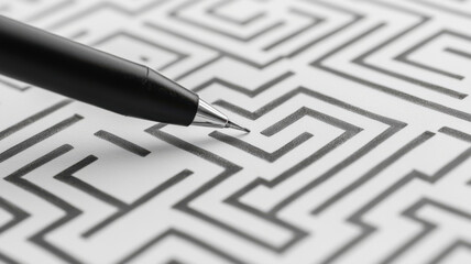 Pen drawing a straight path through a maze, symbolizing creative solution