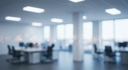 Blurry view of a modern office space with desks chairs and large windows filled with natural light