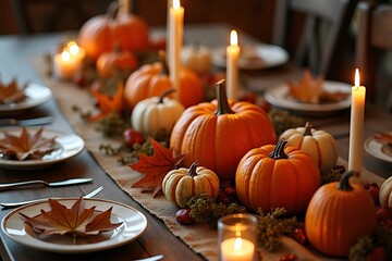 Festive Thanksgiving Table Runner with Orange Pumpkins and Candle Centerpieces