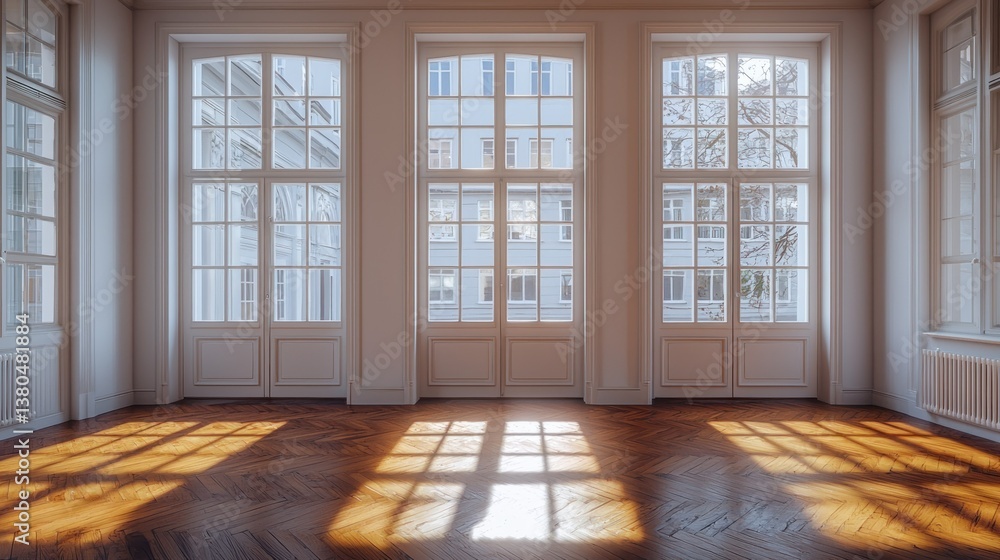 Poster sunlit empty room with large windows