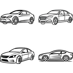 Set of car icons in vector style with various vehicle designs including sedan, truck, and sport cars