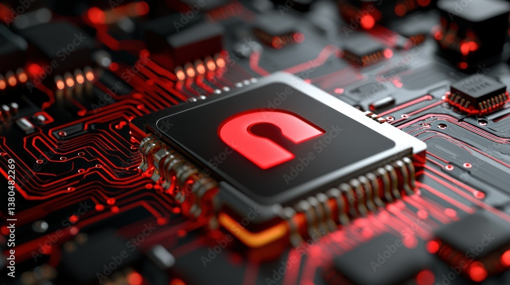Aufkleber cybersecurity: red glowing padlock on a circuit board, representing digital security and data protec