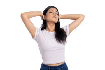 Relaxed young Asian woman stretching her arms, feeling refreshed, isolated on transparent background