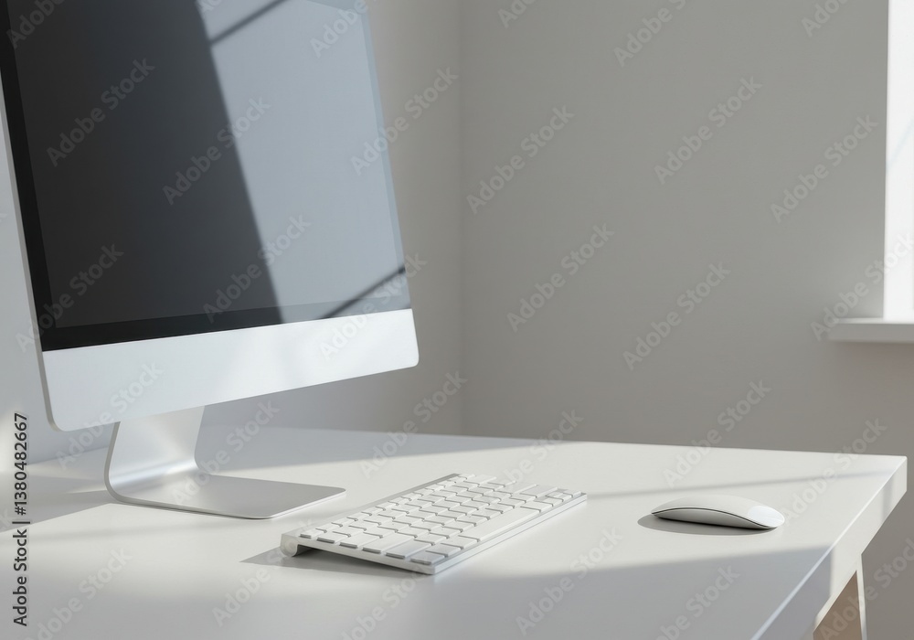 Aufkleber a minimalist workspace featuring a computer keyboard and mouse on a white desk near a window