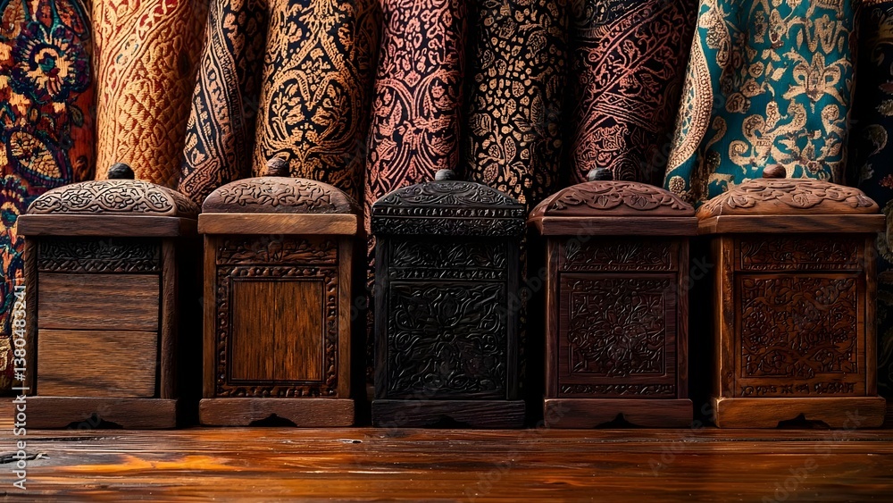 Poster a row of intricately carved wooden boxes displayed in front of colorful patterned fabrics. concept i