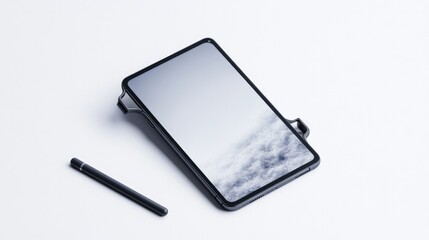 Sleek tablet device rests on minimalistic surface with stylus be
