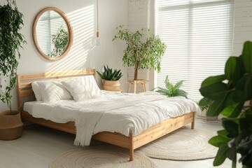 A bright and airy bedroom featuring natural wood and plants