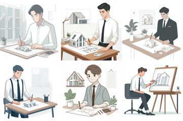 An architect is drawing a building sketch on the table