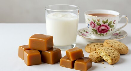 Caramel Cubes, Milk, Tea, and Cookies: A Sweet Still Life on White