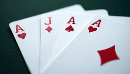 Close-up of four aces, each showing a different suit, forming a square , arrangement, cards, graphic