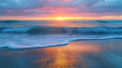 Fototapeta premium mesmerizing view of gentle ocewaves rolling towardsshore, each crest reflectingrich amber and magenttones ofsunset, wet sand glistening like liquid gold, distant horizon glowing with