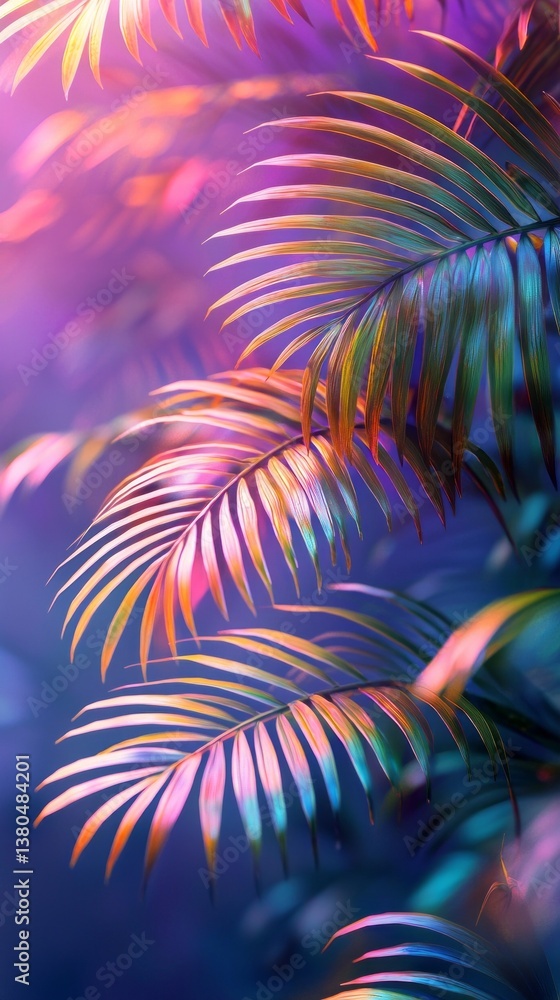Poster lush palm fronds glisten with iridescent colors as twilight descends, creating a magical atmosphere.