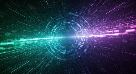 Abstract tunnel with green and purple light streaks and circular shapes in the center view