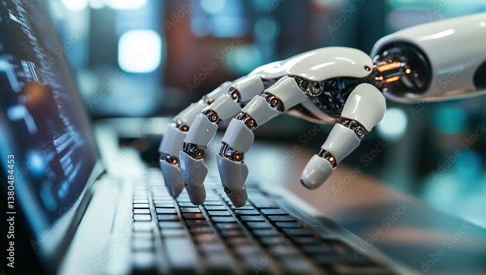 Poster advanced robotic hand precisely codes software efficiently on laptop, revolutionizing automation