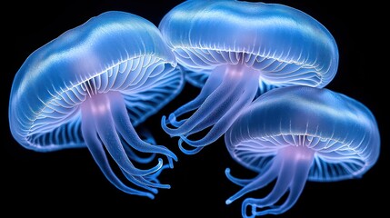 Fototapeta premium Mesmerizing Trio: Glowing Blue Jellies