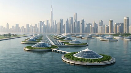 Naklejka premium A futuristic cityscape featuring unique floating structures amidst a modern skyline, showcasing innovative architecture and green technology.