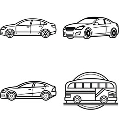 Vector set of car icons including sedan, truck, van, and sport vehicles in a simple design