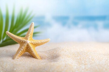 Tropical beach with sea-star in sand, copyspace for text. Concept of summer relaxation