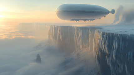 Naklejka premium Fantastic frontiers landscape. Futuristic airship hovering above icy cliffs in serene landscape