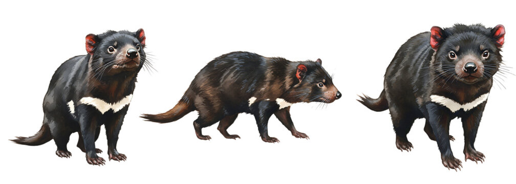 Watercolor three tasmanian devils posing in a row with a plain backdrop showing their unique markings and features on transparent background