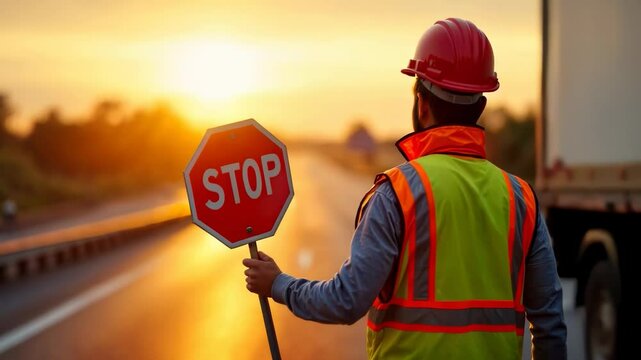 A traffic worker holds a stop sign while managing vehicle flow at a construction zone