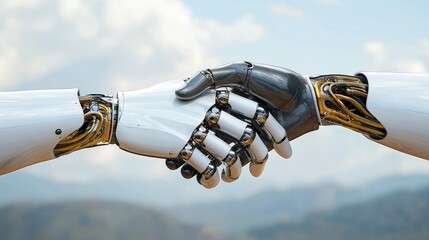Naklejka premium Robotic Hands Shake Against Mountainous Landscape