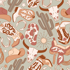 Seamless vector pattern with western cowboy boots, hat and horse riding equipment. Hand drawn groovy rodeo background. EPS 10 vector file. Perfect for textile, wallpaper or nursery print design.