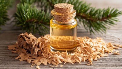 Cedarwood Essential Oil with Cedarwood Shavings and Pine Branches on Natural Wood Table