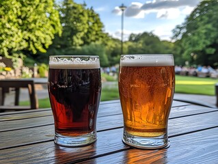 Enjoying Two Beer Glasses on a Wooden Table Outside