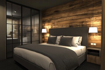 A modern bedroom featuring a bed and a wooden wall