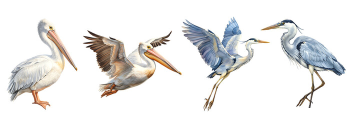 Four Watercolor Birds: Pelican and Heron Pair on Transparent Background