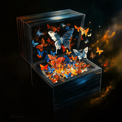 Vibrant Paper Cut Butterflies Emerging from Box in Black Background. Subconscious Mind Concept.