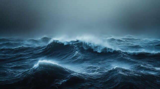 raging sewith towering swells forming before they break,horizon nearly lost instorm, sheets of rain pouring down, misty air making everything seem slightly blurred, raw