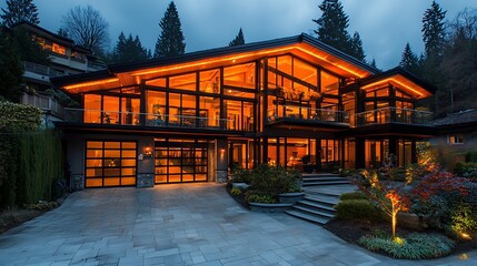 Fototapeta premium Luxurious Modern Home with Evening Illumination, and Hillside Estate.