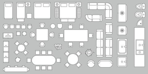 Furniture outline top view. Floor plan icons set for design interior and architectural project. Furniture thin line icon in top view for layout.  © senja