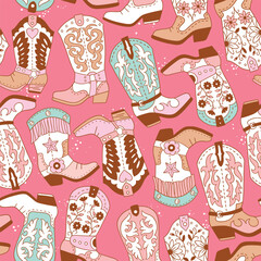 Seamless vector pattern with western cowgirl boots. Hand drawn girly rodeo background. EPS 10 vector file. Perfect for textile, wallpaper or nursery print design.