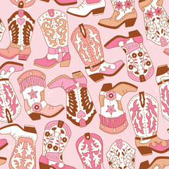 Seamless vector pattern with western cowgirl boots. Hand drawn girly rodeo background. EPS 10 vector file. Perfect for textile, wallpaper or nursery print design.
