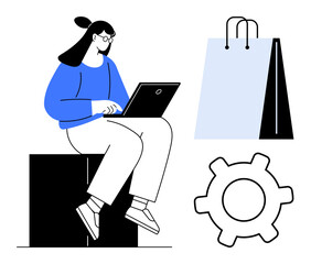 Woman working on laptop, shopping bag, gear indicating e-commerce, productivity, online tools. Ideal for business, technology, online shopping, innovation e-commerce customer experience flat