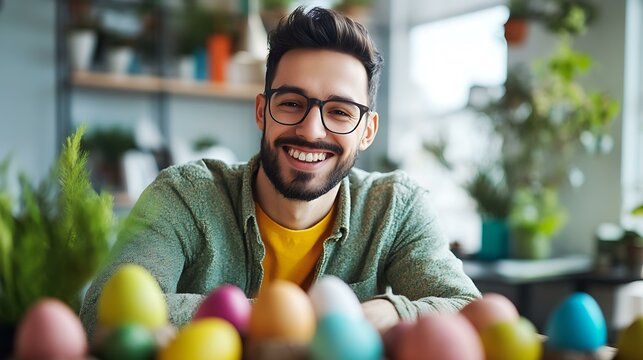 Marketing professional in a creative agency, smiling while explaining branding techniques with an Easter egg