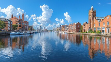 Naklejka premium Stunning Canal Reflection of Brick Buildings in Sunny Day
