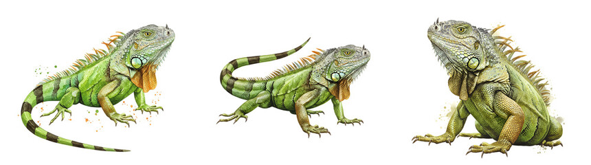 Naklejka premium Watercolor three green iguanas in different poses isolated on a plain surface looking in different directions on transparent background
