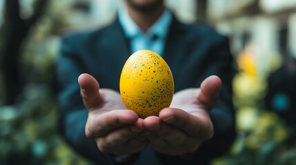 Startup leader discussing customer engagement techniques while holding an Easter egg