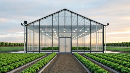 Obraz premium A modern greenhouse with glass walls, surrounded by lush greenery and neatly arranged plant beds, showcasing sustainable agriculture.