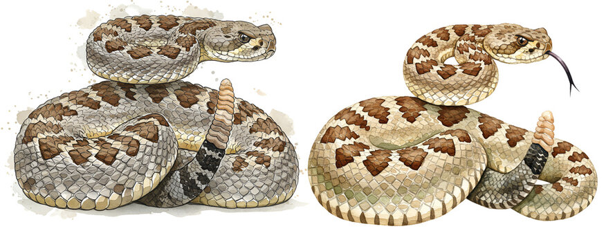 Watercolor two rattlesnakes coiled and ready to strike with their tongues out in a defensive posture pose on transparent background
