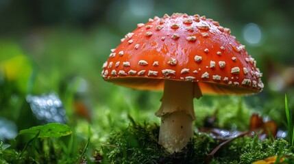Red mushroom growing in the forest with green moss