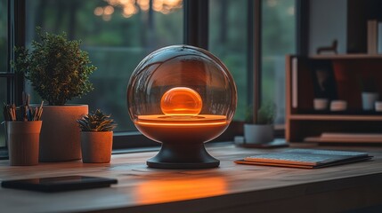 Glowing sphere on wooden desk, plant, pen pot, notebook, serene indoor workspace