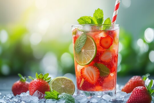 A refreshing strawberry mojito bursts with vibrant red strawberry slices, fresh mint leaves - Powered by Adobe