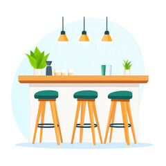 A modern home bar setup featuring three wooden stools and a stylish countertop adorned with plants and beverages, ideal for inviting social gatherings.
