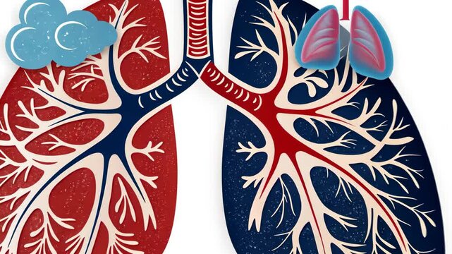 Illustration of Human Lungs Detailed Anatomy with Bronchi, Alveoli, and Red Blue Oxygen and Carbon Dioxide Exchange Design