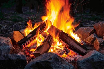 Warm glow of a campfire surrounded by stones in a quiet forest setting during the evening